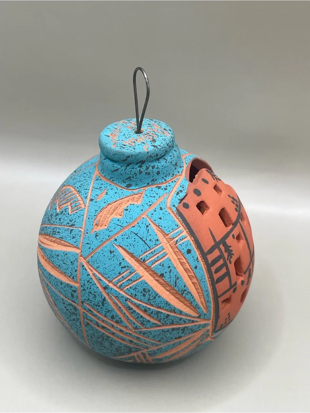 VTG Signed Pueblo Mexican Terracotta Clay Village 3” Ornament Turquoise Color